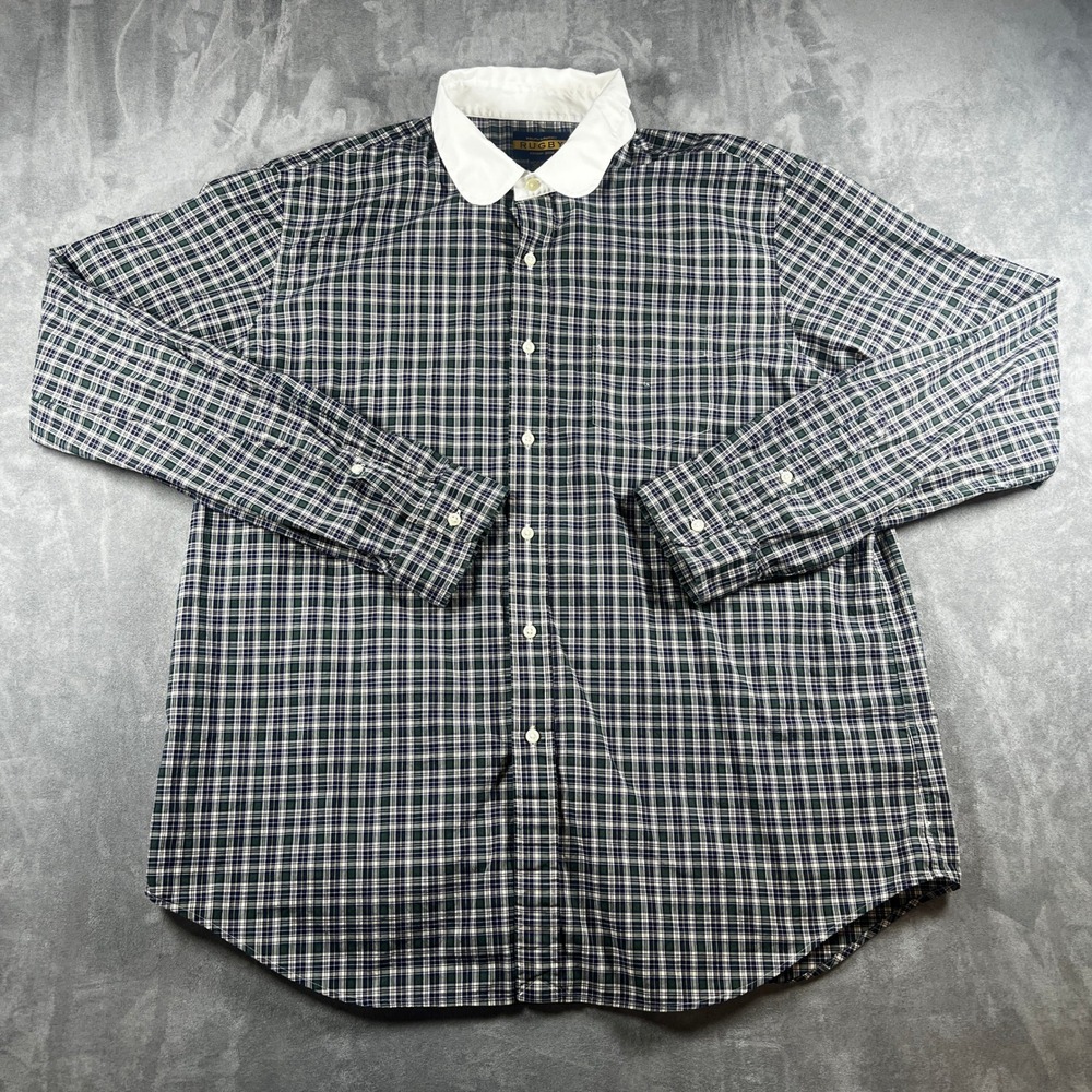 Ralph Lauren Rugby Shirt Men's XXL Plaid Button Up Long Sleeve‎ White Collar